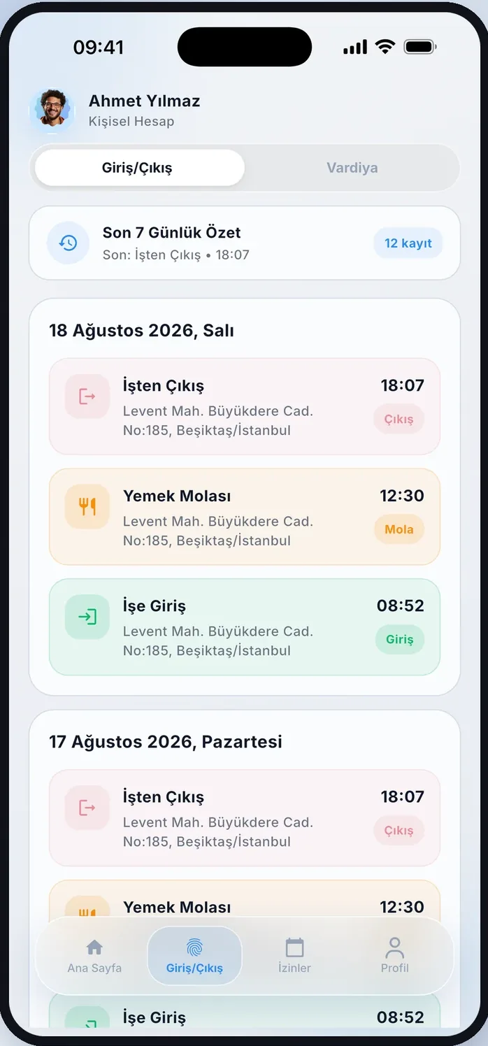 PDKS Pro mobil uygulaması personel hareket kayıtları ekranı